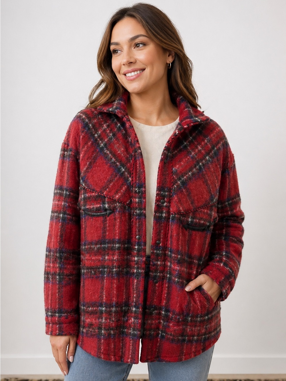 Tanaka Red Shaggy Plaid Wool Overshirt Jacket Western Snap Japan S Unisex